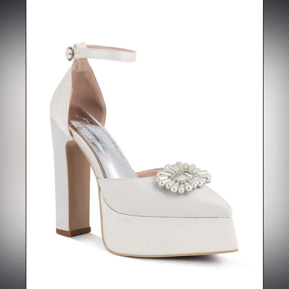 London Rag White Satin Pearl Embellished Platform Heels
